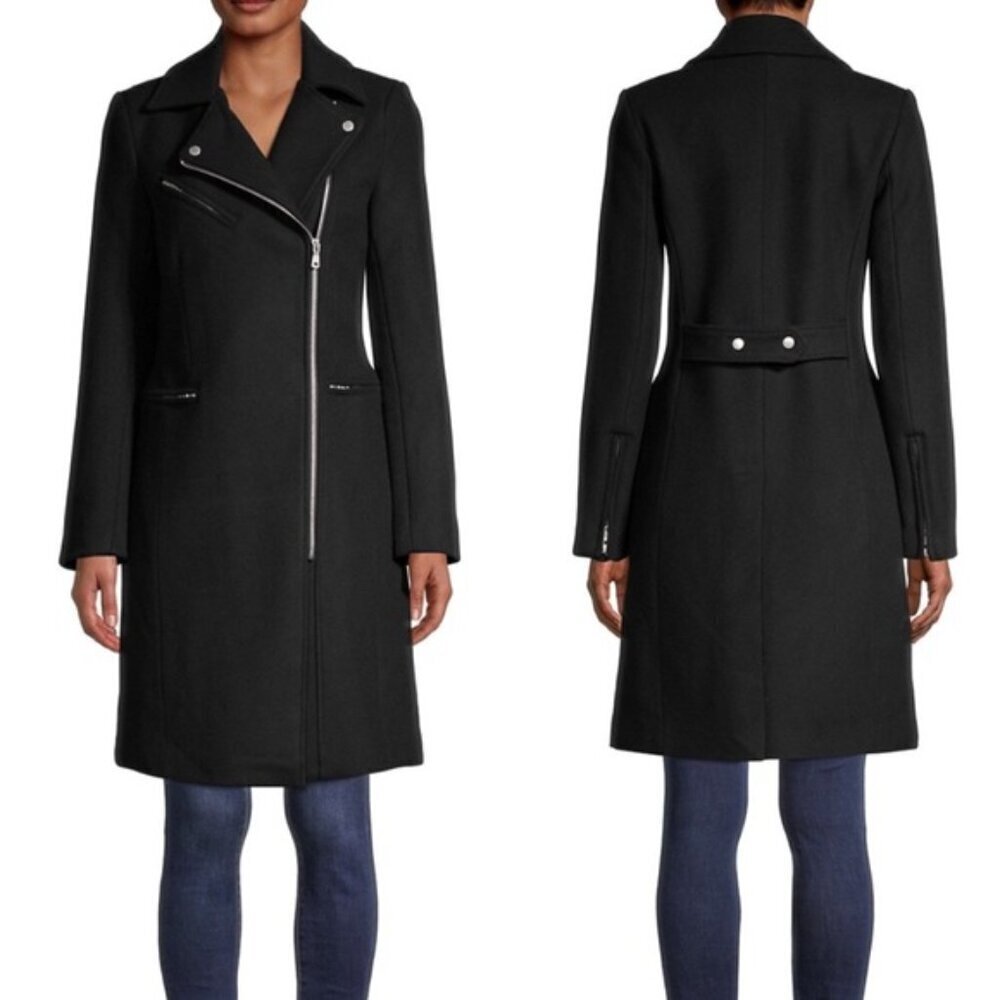 Avec Les Filles A-Line Twill Moto coat small black zippers wool biker long